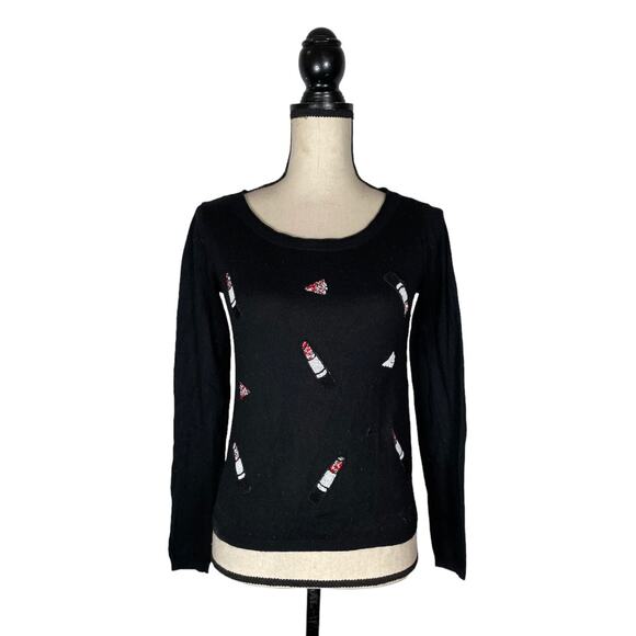 NAF NAF Paris Black Lipstick Sequined Knit Sweater Size: S - Picture 1 of 4